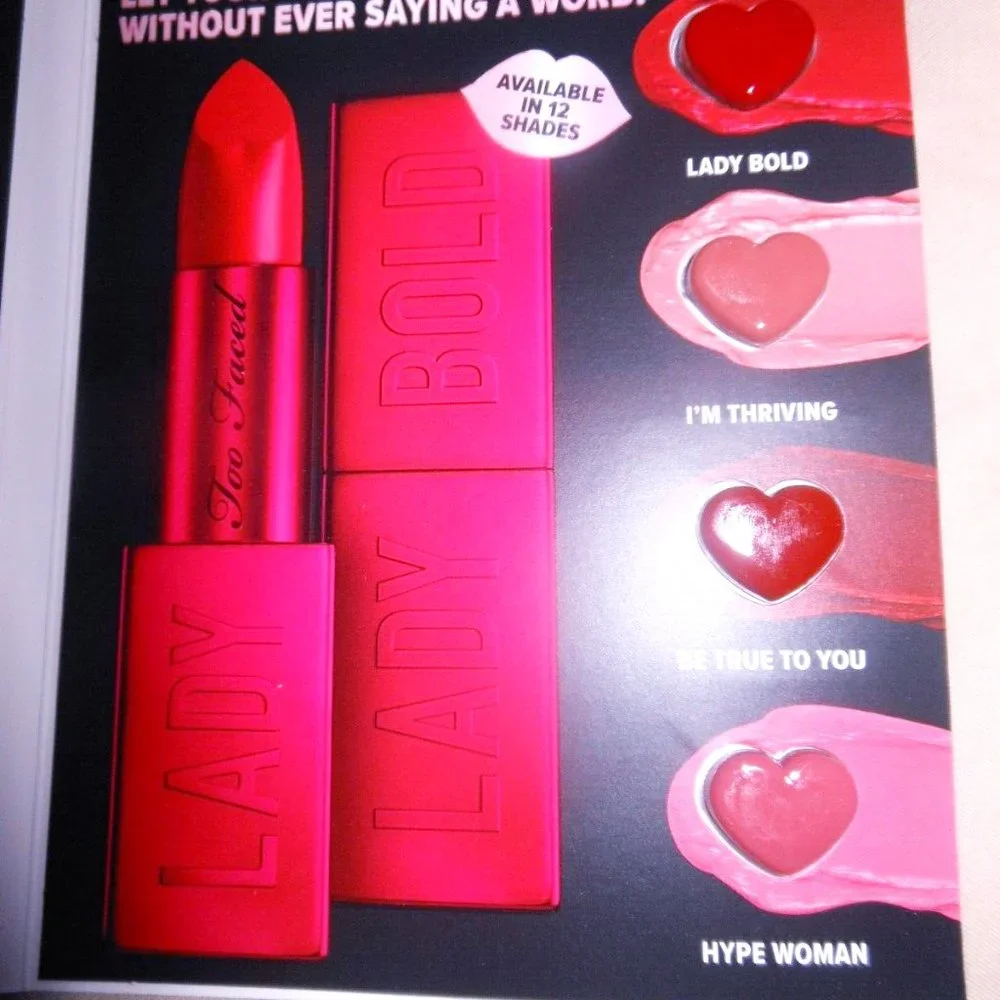 2 x Too Faced Lady Bold Lipstick 4 Samples Smooths Creamy Feather Resistence